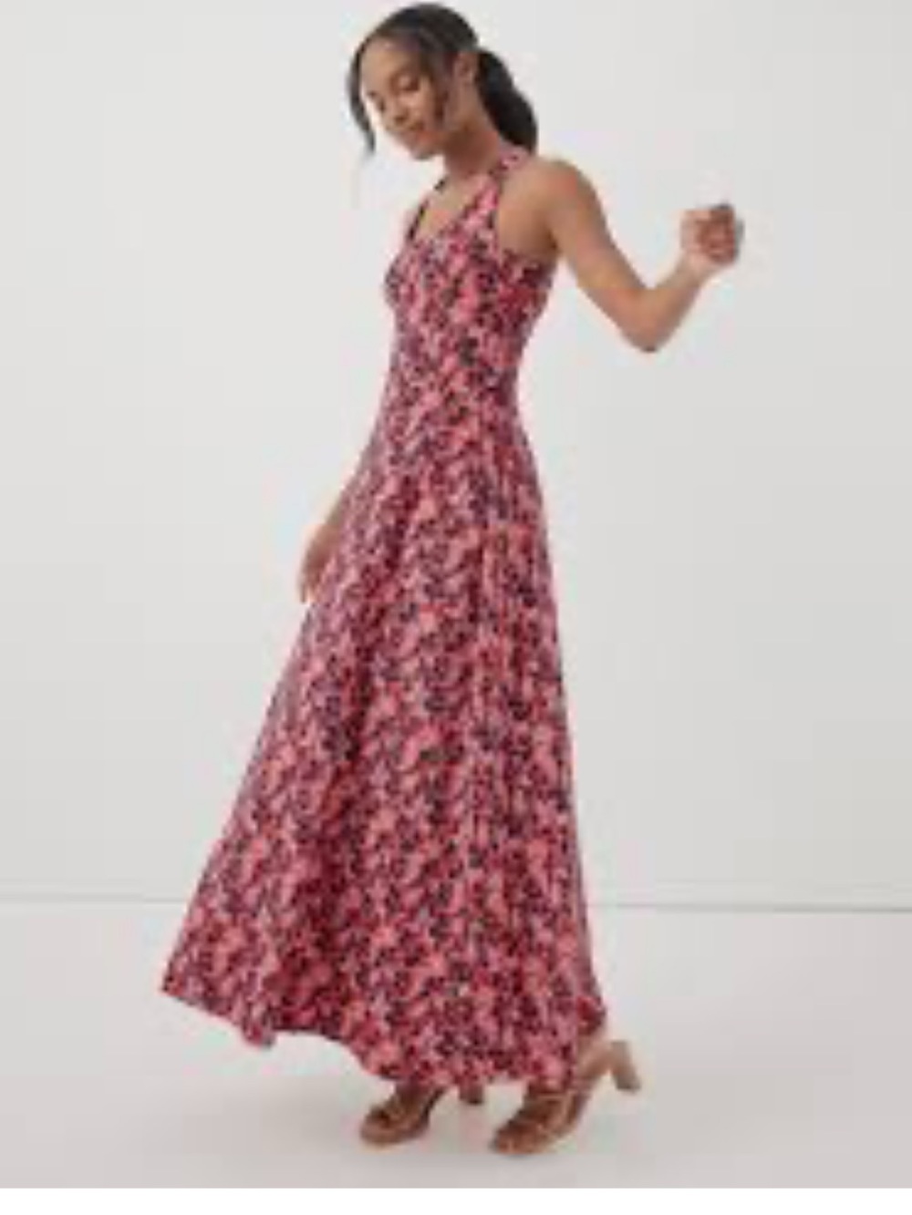 Pact Floral Maxi Dress Fit and Flare Pink Navy Scoop Neck